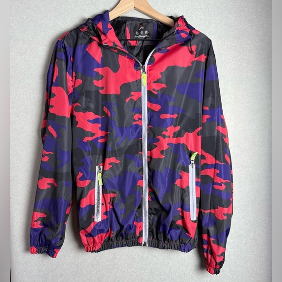 Nan Zhang Lun Red and Blue Camo Jacket with Hood Windbreaker Men's Size Large - Picture 1 of 10